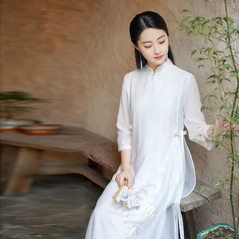 

Summer Elegant Hanfu Dresses Improved Cheongsam Literary Retro Chinese Style Loose Skirt Zen Tea Suit Qipao Long Dress Female