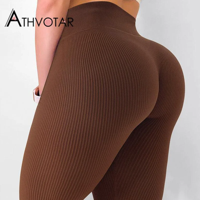 

ATHVOTAR Leggings Women Ribbed Solid Fitness High Waist Leggins Seamless Pants Gym Casual Clothes Workout Sports Leggings