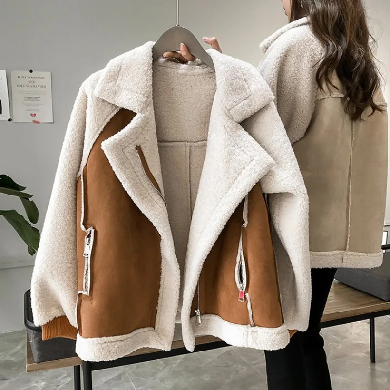 

2022 Women Basic Jackets C Lambs Wool Zipper Harajuku Cashmere Chic Ulzzang Loose Korean Style Cool Streetwear Casual Outerwear
