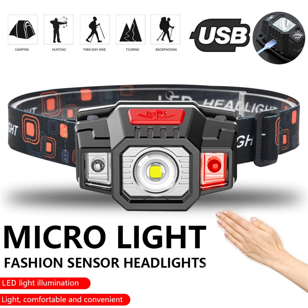 

Super Bright Induction Headlamp Head Torch Headlight LED USB Charging Night Running Fishing Camping Work Light Built-in Battery