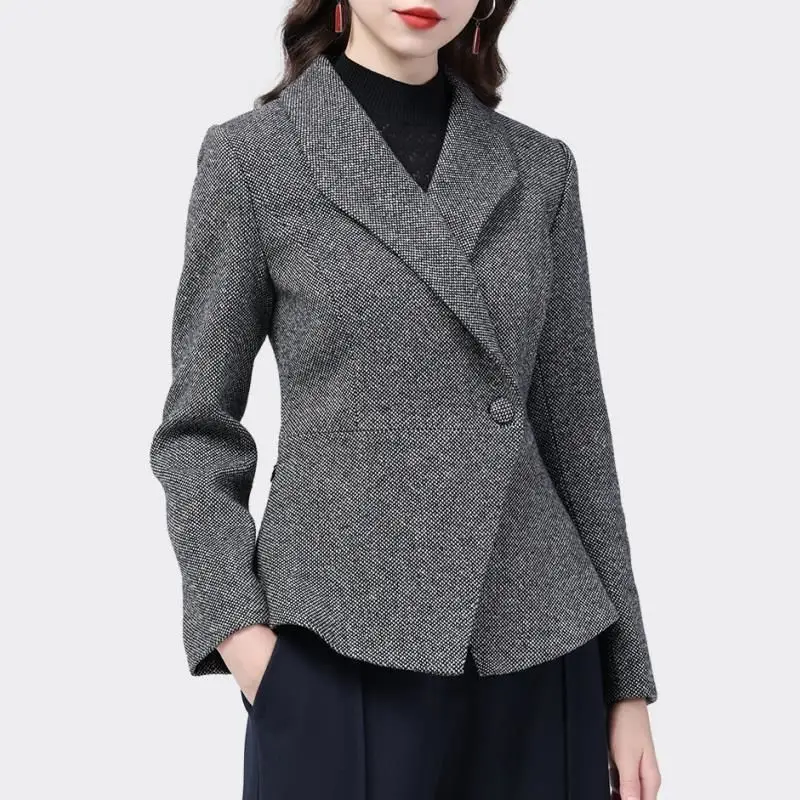 

Шерстяное пальто для женщин, короткая шерстяная ткань, приталенный костюмный воротник, профессиональное пальто, Осень-зима 2023, кардиган, пальто, женские топы