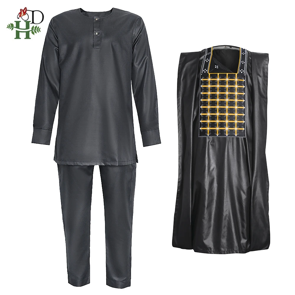 H&D Африканская Одежда для Мужчин Комплект из 3 предметов: рубашка с традиционной вышивкой, брюки, Базин Риш Оригинал на свадебную вечеринку.