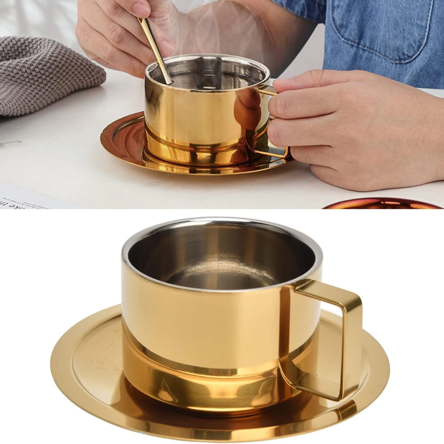 Stylish Durable and Convenient Gold Stainless Steel Tea Cup with Saucer - 30 oz for Hot Drinks Ideal Restaurants Cafe