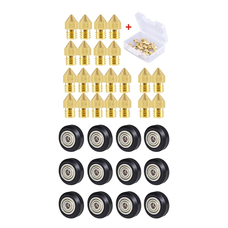 

22 Pieces 3D Printer Nozzles MK8 Nozzle With 3D Printer Rubber-Coated Pulley 625ZZ Plastic-Coated Bearing