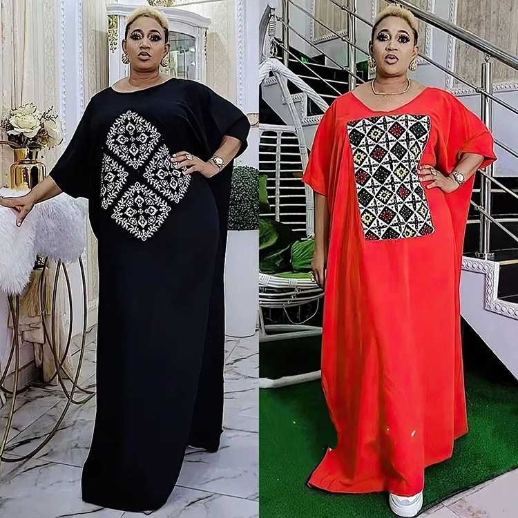 

2022 Summer Fashion Style African Women Short Sleeve O-neck Polyester Red Black Red Long Dress African Dresses for Women