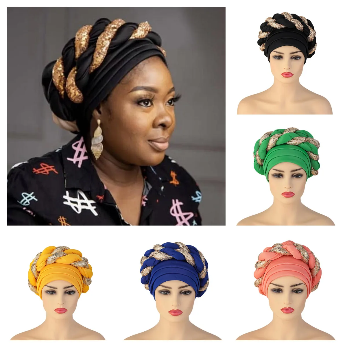 

Головной убор Aso Oke в африканском стиле, женская шапка-тюрбан, головной убор с автоматическим дизайном, Шапочка-бини, головной убор, готовый к...