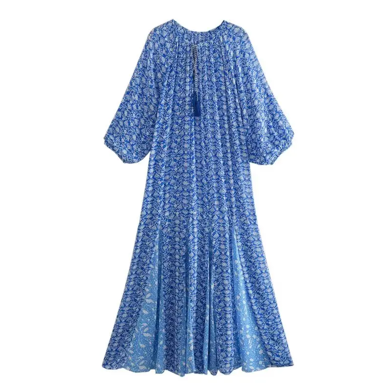 

Women 2023 New Chic Fashion Relaxed Summer Gauze Printing Dress Vintage Long Sleeve Female Dresses Vestidos Mujer