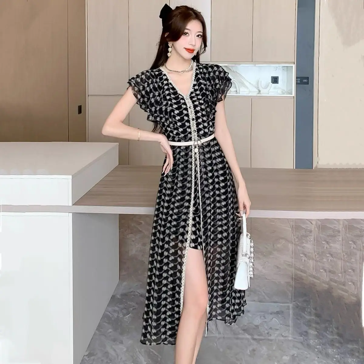 

Модное и минималистичное шифоновое платье-трапеция с V-образным вырезом, модель 2023 года, летнее платье с длинной юбкой в стиле пэчворк для женщин