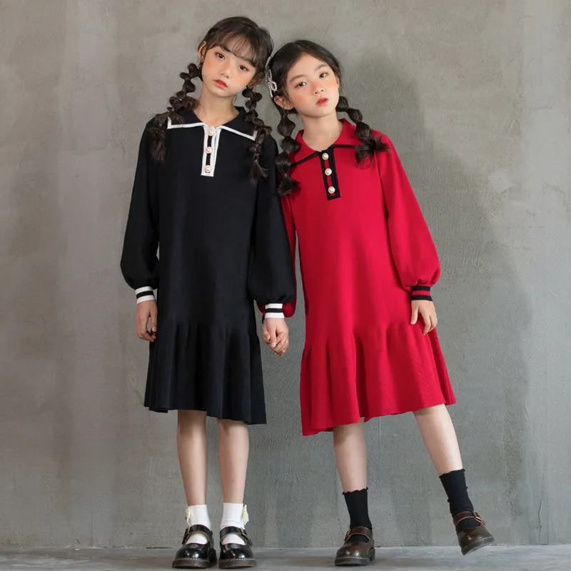 

6Y To 16Y New Girls Dress Sweater Kids Winter Dress Children Ruffles Dress Elegant 2022 Fall Baby Clothes Midi Long Dress A405