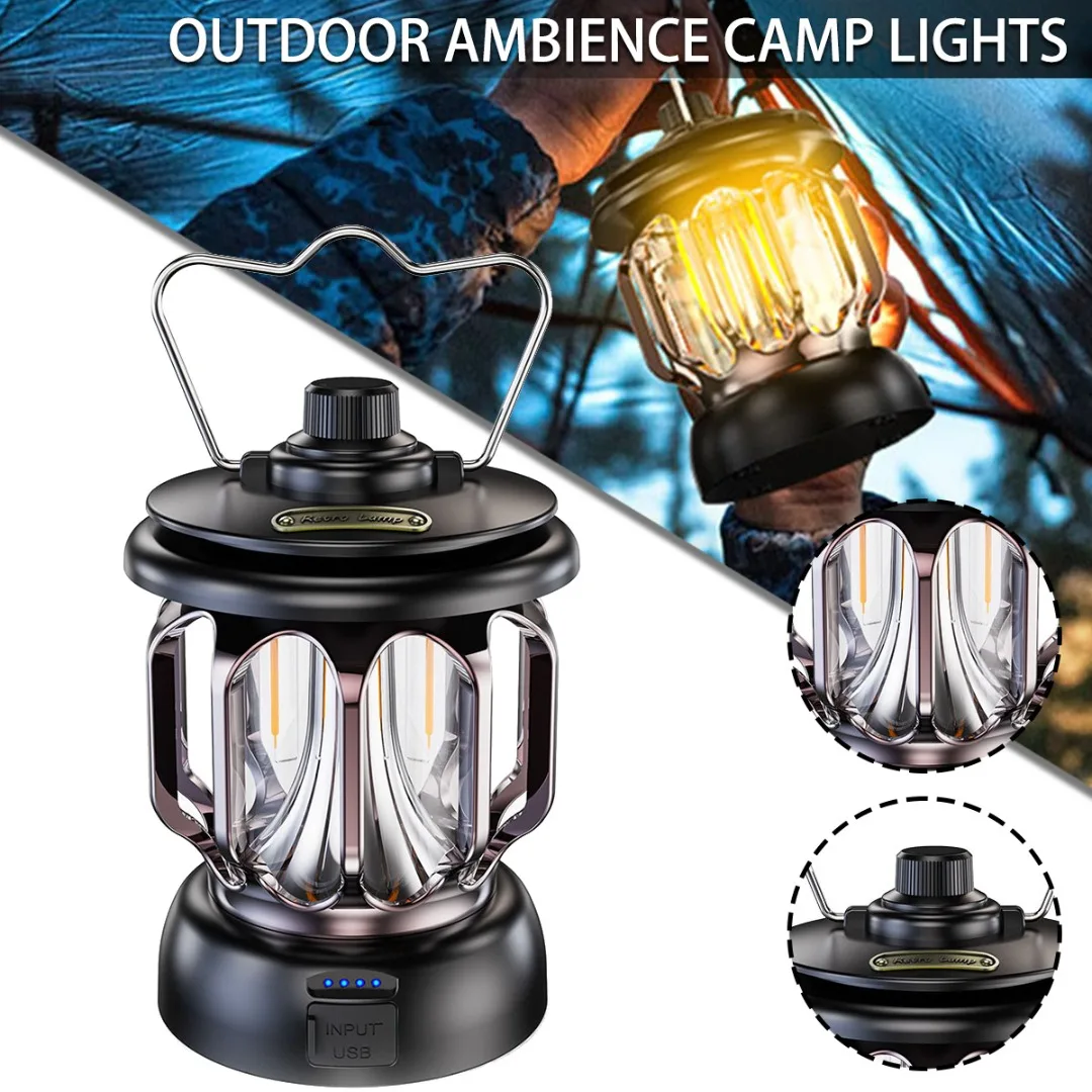 

1pc Retro Portable Camping Lantern Waterproof LED Outdoor Camp Light USB Rechargeable Vintage Tent Lamp Garden Decoration Lamps