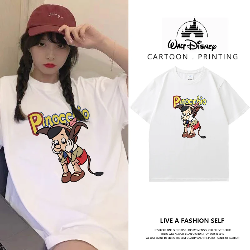 

100 Cotton Disney Cartoon Pinocchio Graffiti Tide Brand White Short Sleeve T-shirt Women's Summer Trend Couple Top