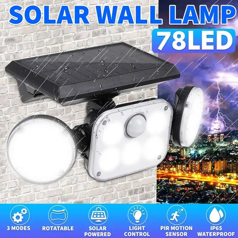 

78 LED Wall Lamp Solar Light Motion Sensor IP65 3-Heads Rotatable Street Lamp for Yard Garden Garage Patio Porch