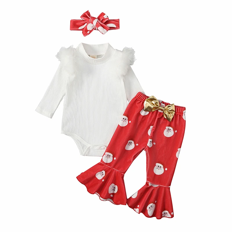 

Рождественская Одежда для новорожденных девочек, ребристый комбинезон с длинным рукавом и высоким воротом и расклешенные брюки с принтом Санта-Клауса, повязка на голову