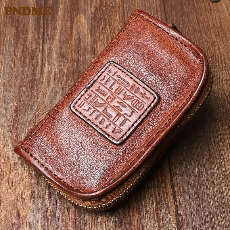 PNDME vintage high-quality first layer cowhide men's women's key bag casual outdoor daily luxury genuine leather coin purse