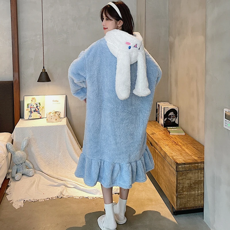 Women Girls Pijama Sets Coral Fleece Nightgown Winter Suits Robe Set Thicken Warm Bathrobe Hooded Home Clothes Kawaii Pajama Set