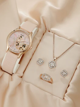 5pcs Luxury Watch Women Ring Necklace Earrings Bracelet Set Watches Butterfly Leather Strap Ladies Quartz WristWatch 1