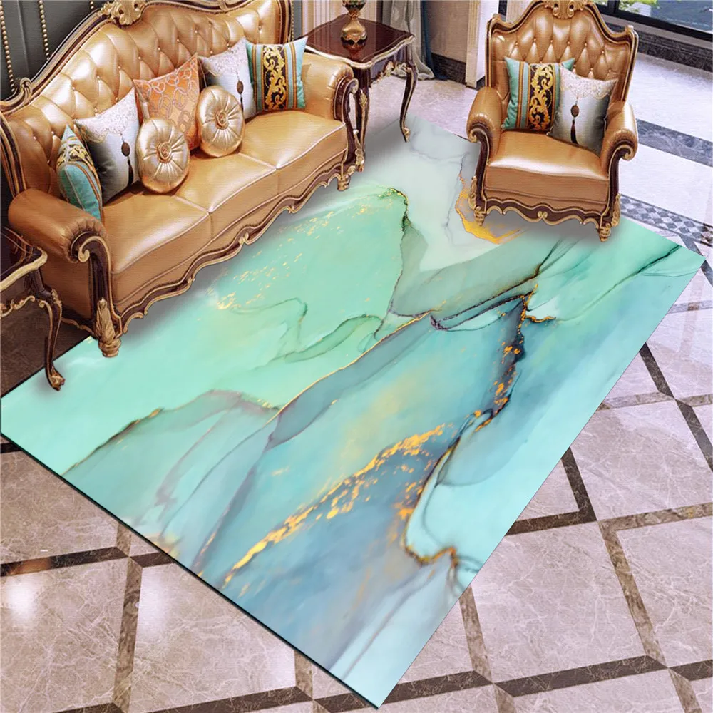 

Luxury Carpet Home Decor Blue and Green Stone Texture Floor Rug Geometric Gold Line Non-slip Polyester Bedroom Sofa Marble Mats