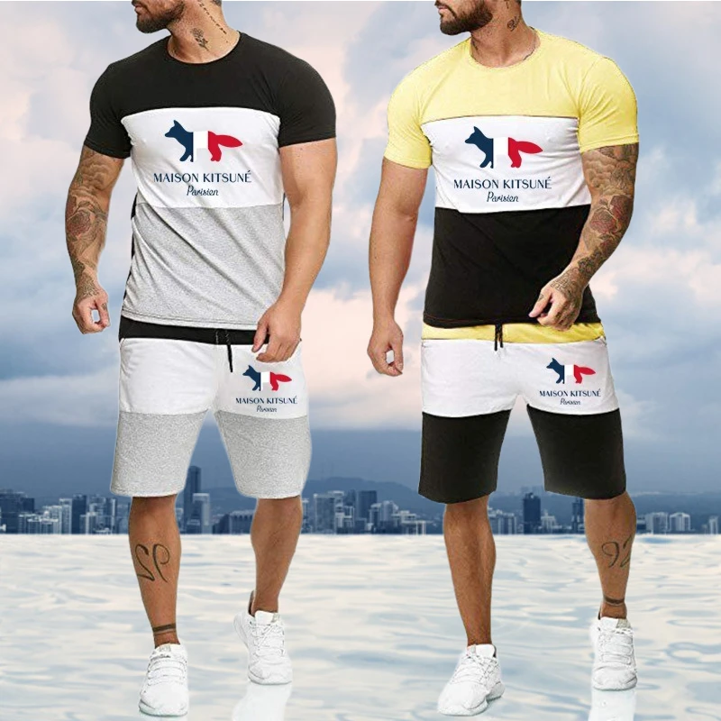 

Men's KITSUNE Print Tracksuits Short Sleeve T-shirt and Shorts Suit Casual Striped Streetwear Summer Bodybuilding Clothing