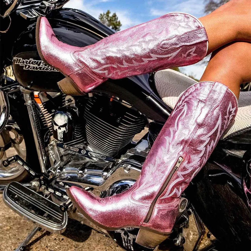 

Free Shipping Metallic Retro Western Cowboy Boots For Women 2023 Embroidery Cowgirl Stiletto Pink Ridding Motocycle Autumn Boots