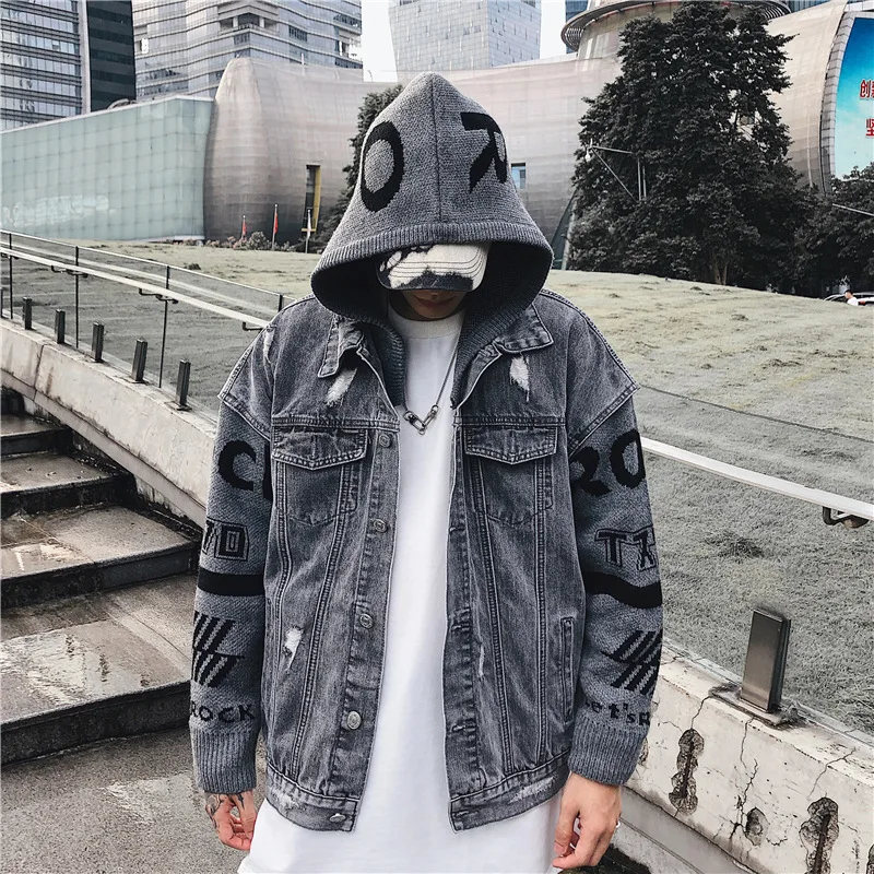 

Jeans Jackets with Hood for Me Scratched Holes Hooded Jackets