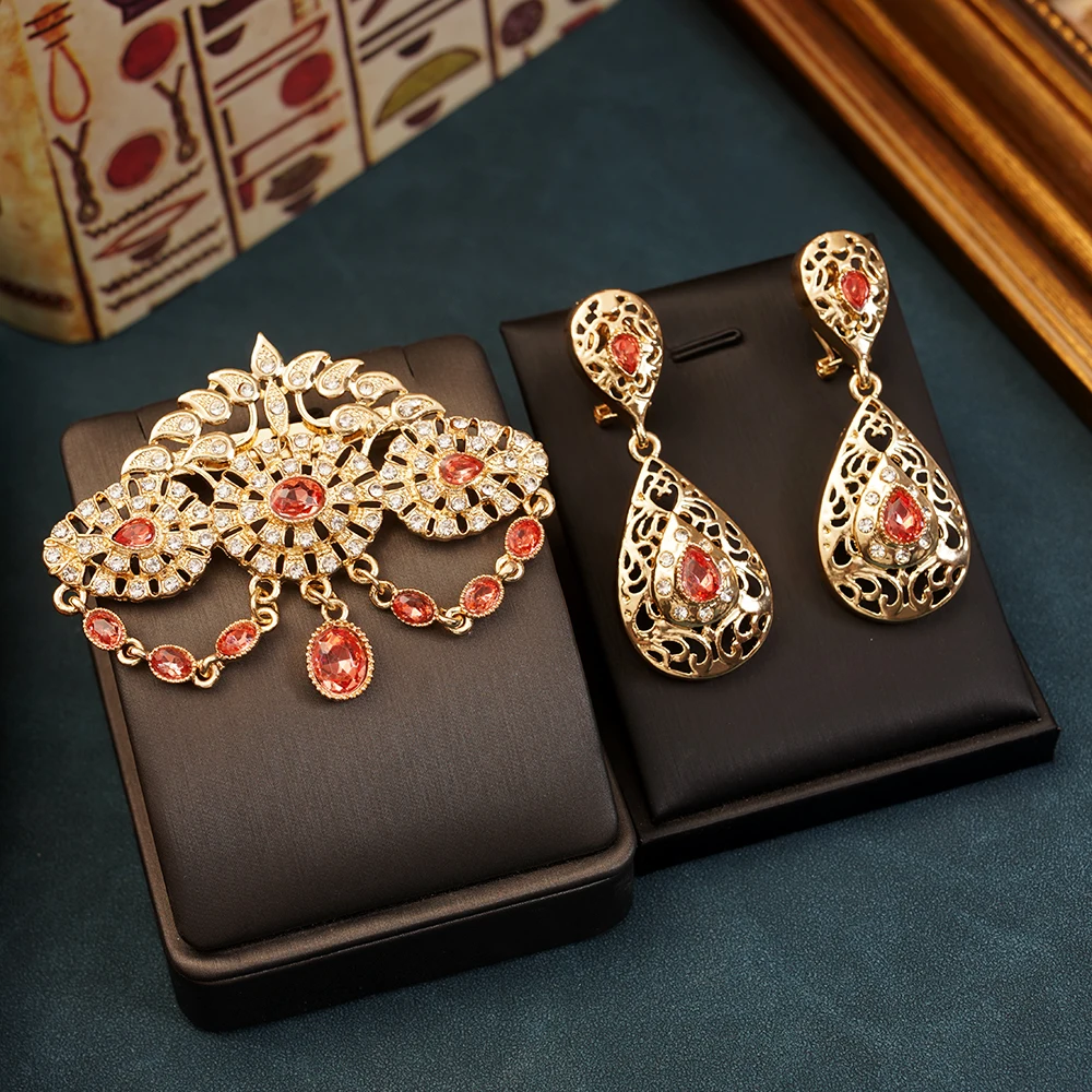 

Orange Crystal Brooch Pins In Gold Color Morocco Trendy Wedding Jewelry for Bridal Muslim Hajib Pins Broche Decorativo De Ropa