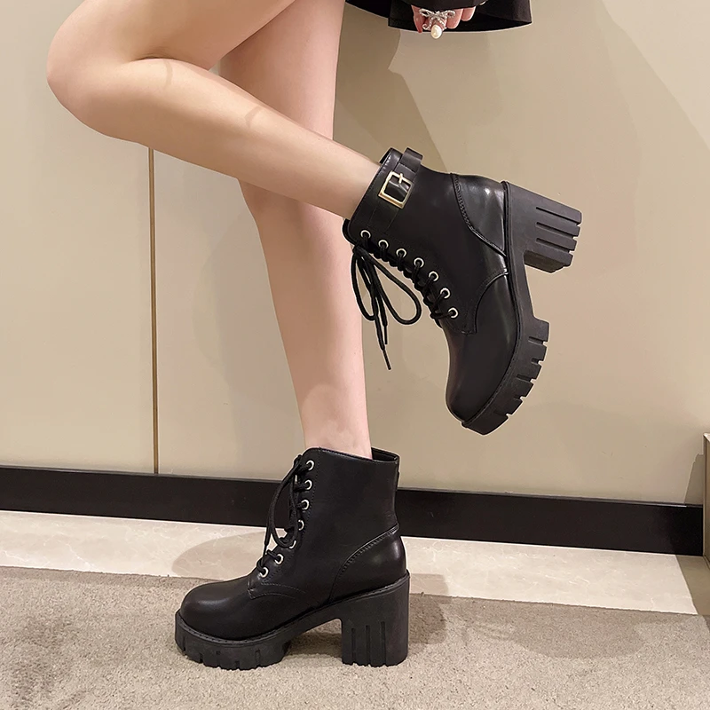 

Cheap Spring and Autumn Women High Heels Boots Round Toe Lace Up Cross-tied Female Martin Boots Lace Up Motorcycles Boots