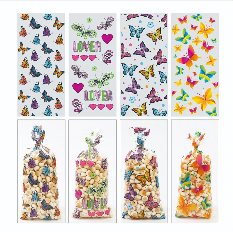 

LBSISI Life 100pcs Cartoon Animals Butterfly Transparent Plastic Bags Packaging Candy Cookies Kids Party Gift Wrapping Suppily