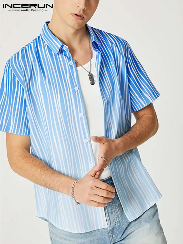 

INCERUN Men Striped Shirt Tie Dye Lapel Collar Short Sleeve Streetwear Button Casual Camisa Masculina 2022 Fashion Leisure Tops