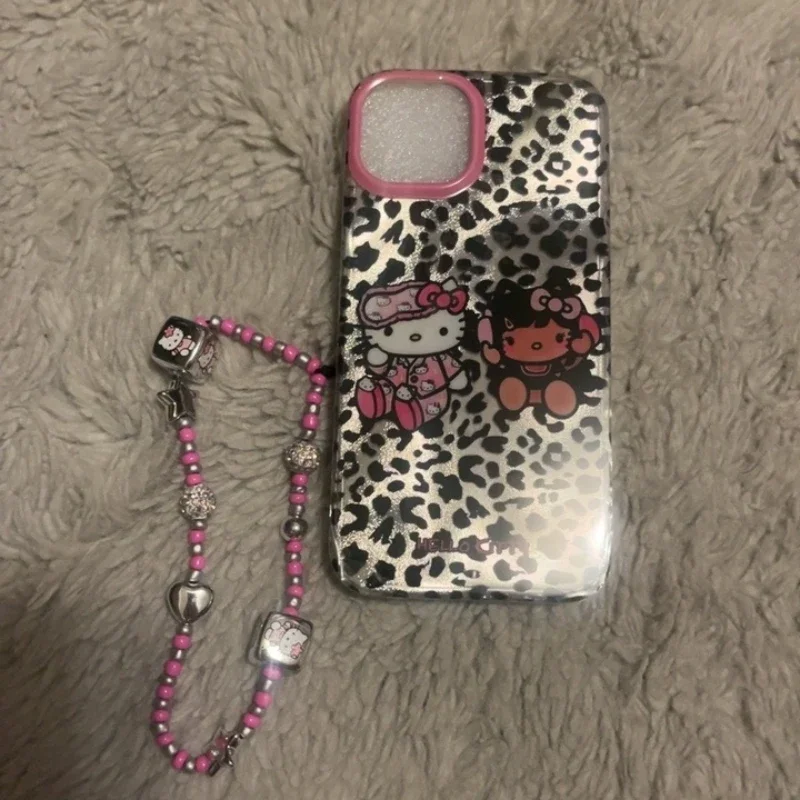 Чехол Kawaii Tan Hello Kitty с леопардовым принтом Y2K для iPhone 16 15 14 13 12 Pro Max Sanrio креативный