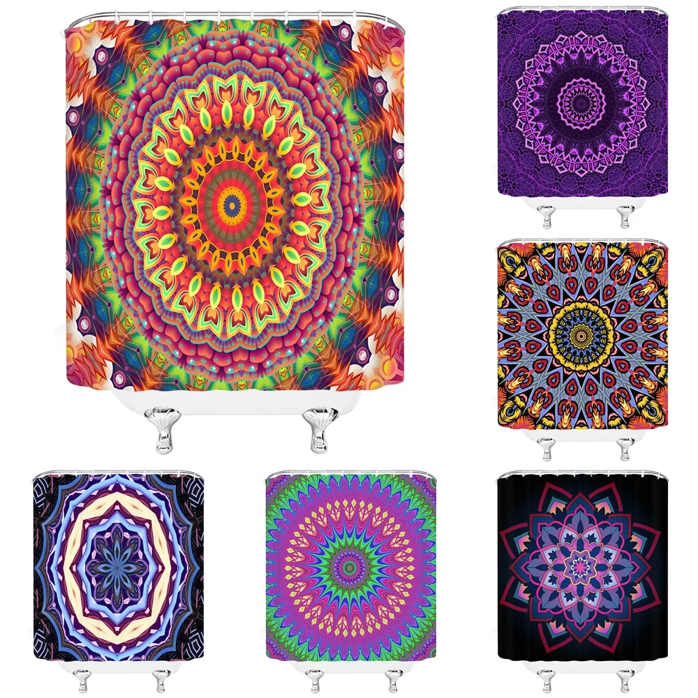 

Colorful Floral Shower Curtain Bohemian Flower Mandala Fabric Bath Curtains Bathroom Decor Set Polyester Modern Machine Washable