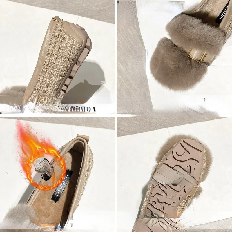 Women Fur Shoes  Flat  Superfine Fiber Solid Color  Round Shape Breathable Belt Buckle    Woman