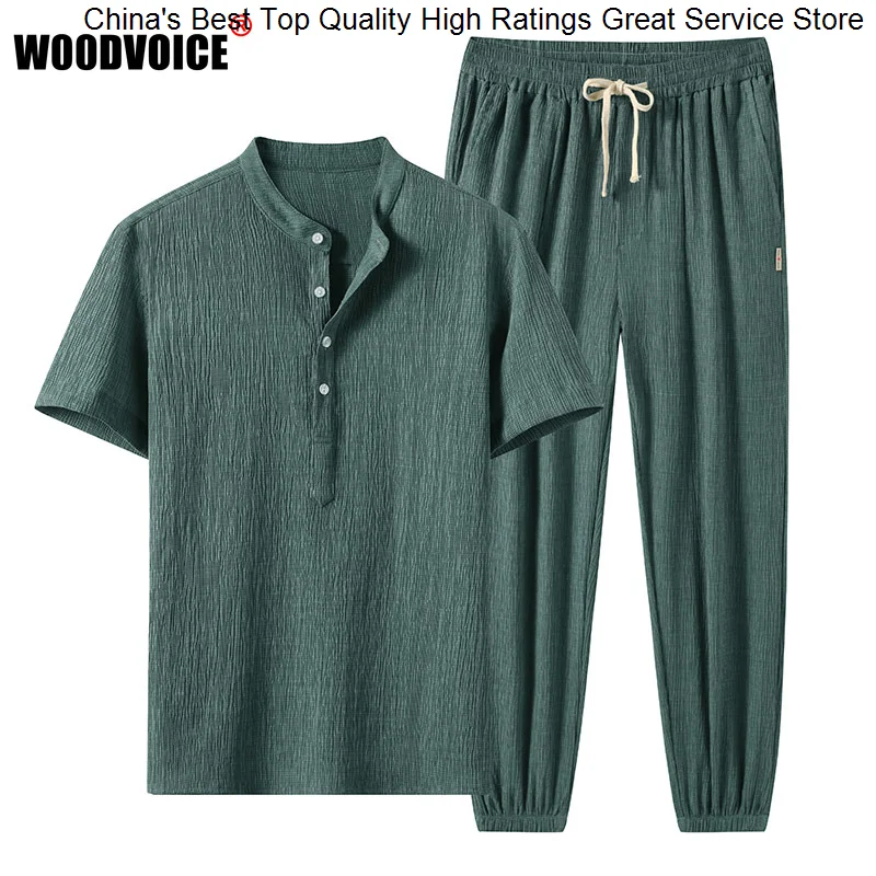 

Костюм мужской летний из футболки и брюк, Модный повседневный брючный комплект из чистого льняного шелка, домашний костюм из двух предметов
