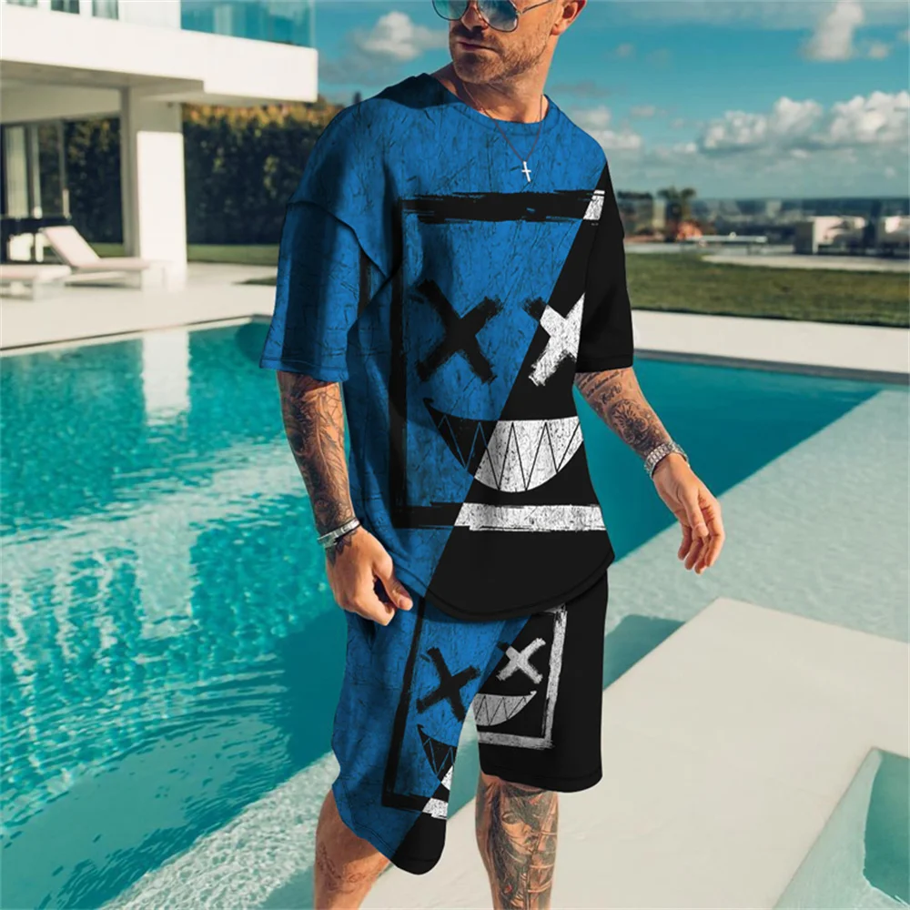 Summer Street Trend 3D Pattern Fashion Leisure Sports T Shirt For Men Sets Comfortable Crew Neck Breathable MaterialShort Sleeve