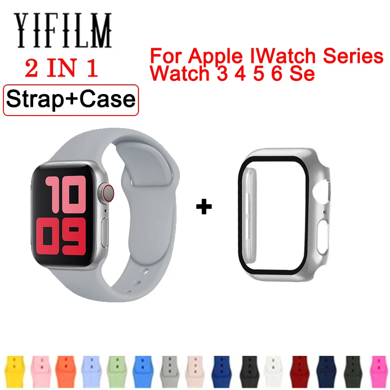 

Case+Strap For Apple Watch Band 44mm 40mm 38mm 42mm Solid Color Silicone Bracelet For IWatch Series 3 4 5 6 Se Watch Wristband