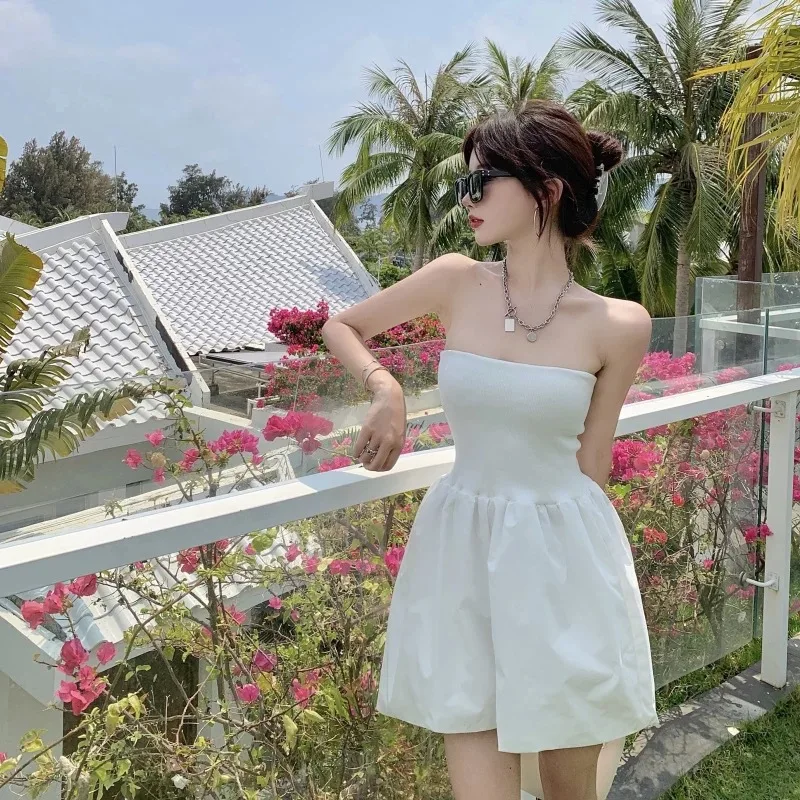 High Waist Solid Color Summer Jumpsuit Sleeveless Strapless Playsuits Women Sexy Streetwear Combinaison Casual Wide-leg Rompers