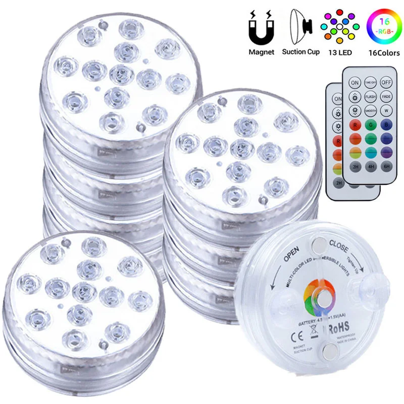 

13 LEDs Underwater Light 16 Colors RGB 21 Key RF Remote Control IP68 Waterproof Swimming Pool Light Pond Vase Submersible Lights