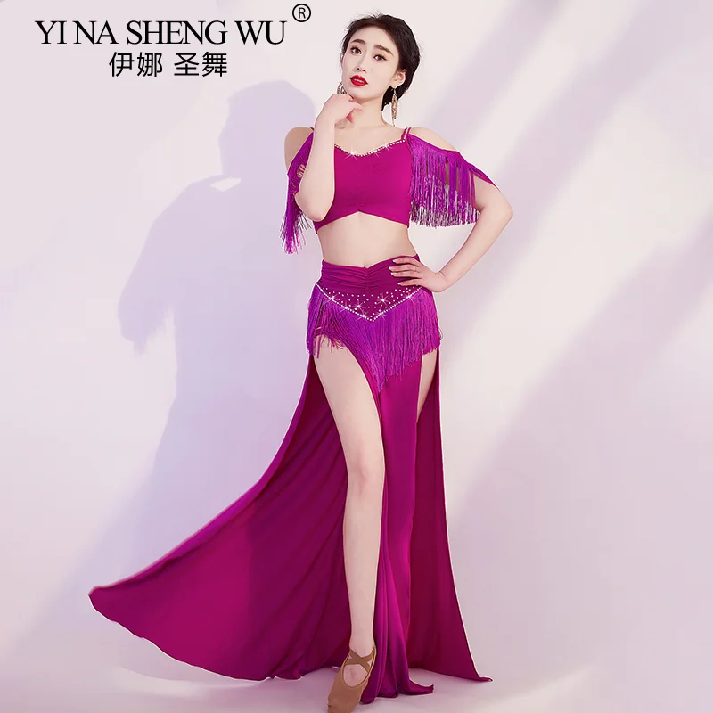 Костюм для танца живота женский блестящий топ без рукавов с бахромой и длинная