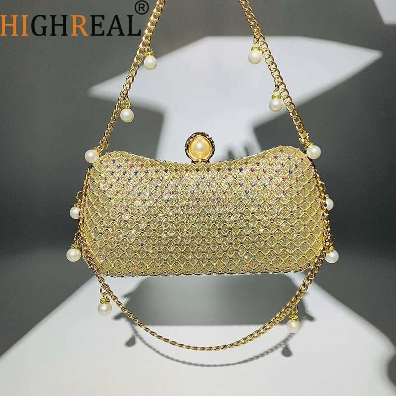 

Женская вечерняя сумка, новый портативный кошелек-клатч с цепочкой и жемчугом, яркая сумка с бриллиантами