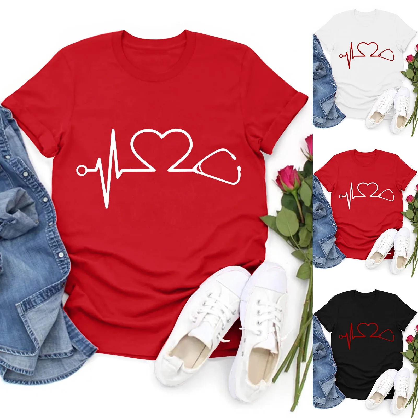 

Женские Рабочие Рубашки с коротким рукавом, Женская Повседневная футболка с принтом на День святого Валентина, рубашка с коротким рукавом