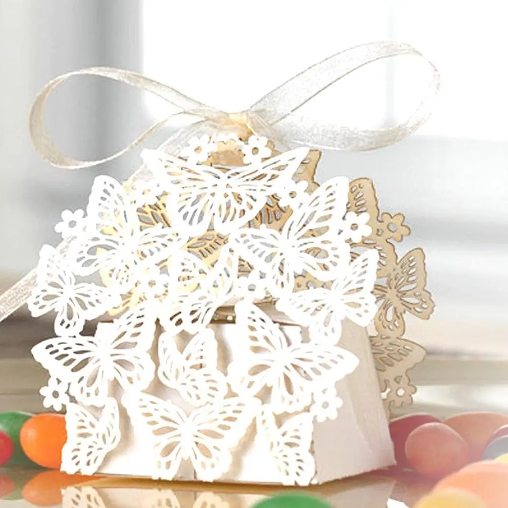 

50pcs Hollow Butterfly Wedding Candy Chocolate Box With Ribbon Packaging Box For Baby Shower Birthday Wedding Party Decoration