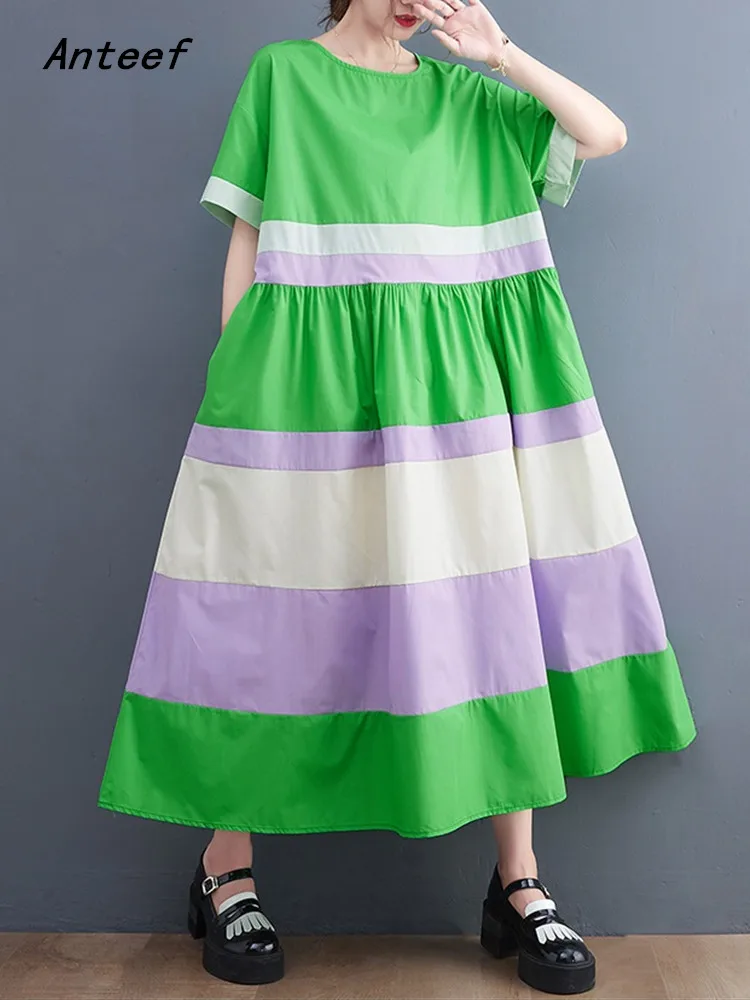

Anteef short sleeve oversized cotton vintage new in dresses for women casual loose long summer dress elegant clothing 2023