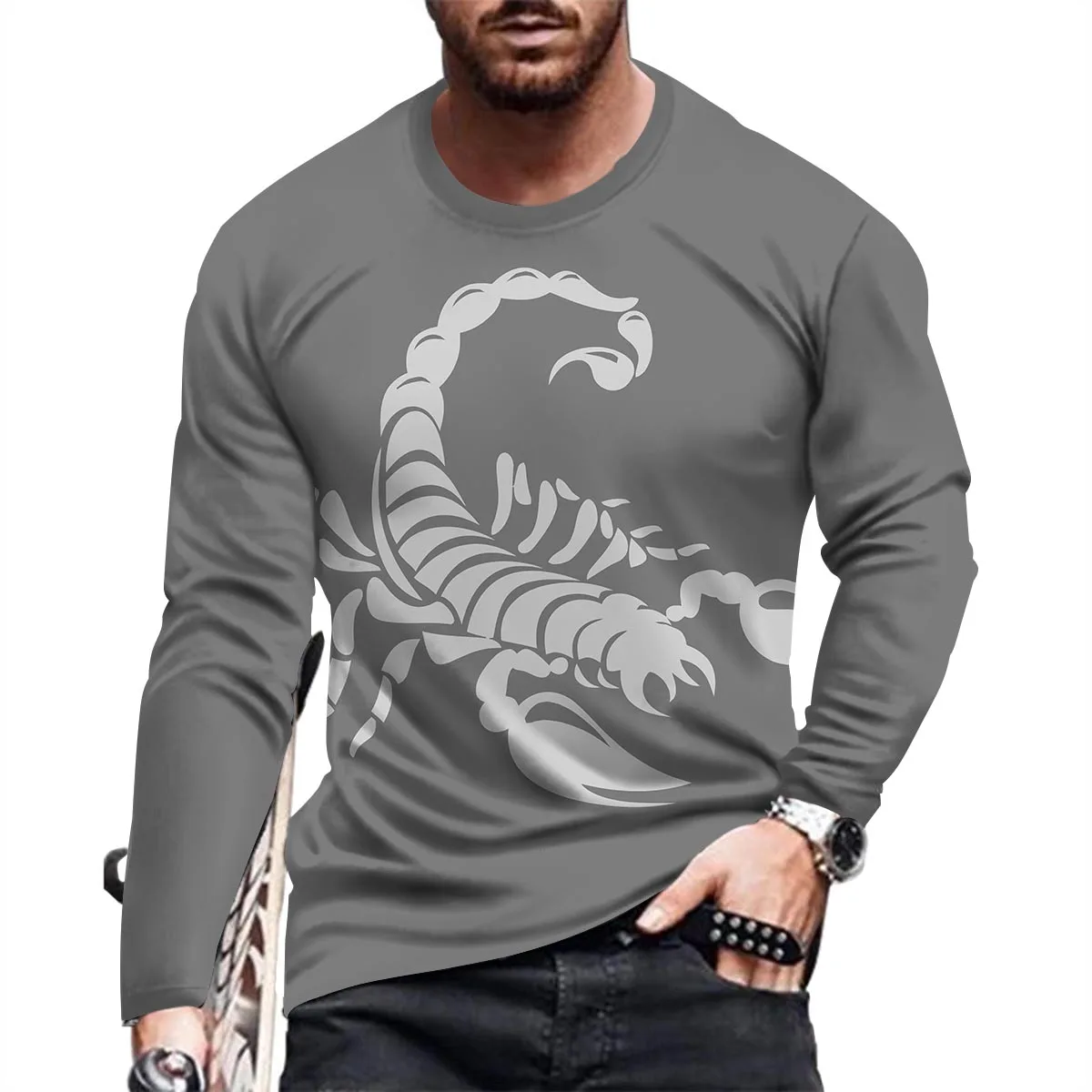 

Solid Colour Scorpion 3d Print Summer Men's O-Neck T-shirt Casual Long Sleeve Oversized T Shirt Fashion Pullover Men Clothing