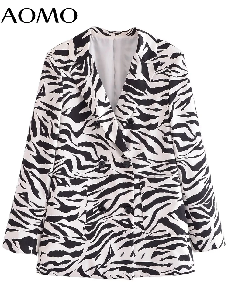 

AOMO Women Zebra Blazer Coat Vintage Notched Collar Pocket 2021 Fashion Female Casual Chic Tops 3W51A