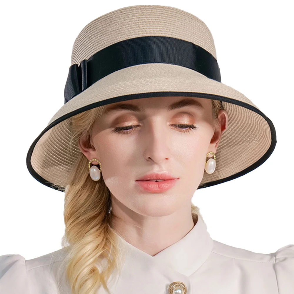 

FS White Sun Hats Women Wide Brim Floppy Straw Hats For Beach Elegant Big Bow Ribbon Fedora Ladies Fedora Chapeau Femme