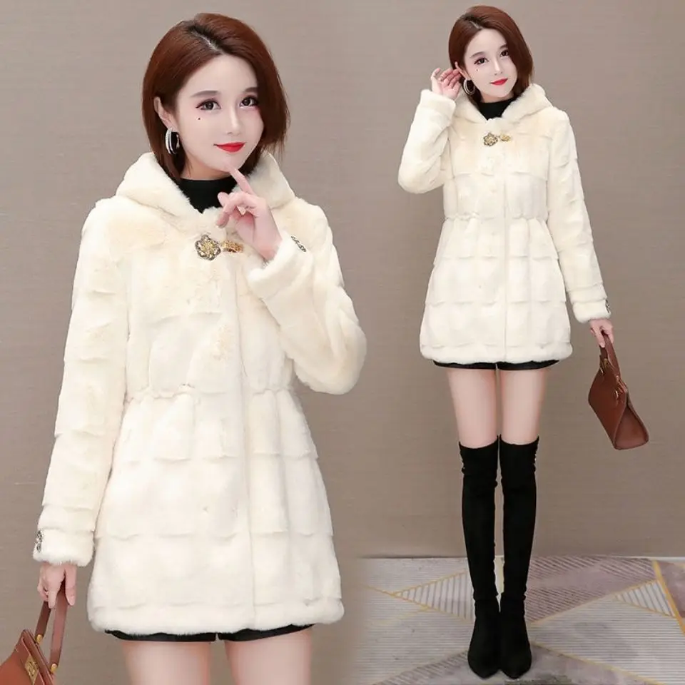 Winter Jacket Women 2022 New Mid Long Slim Faux Fur Coat Hooded Thick Mink High Quality Fashion Tops Solid Black Famale Clothing