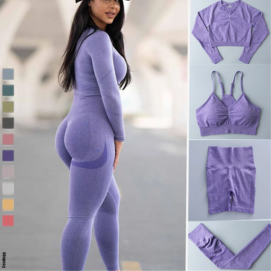 

Seamless Yoga Set Women Workout Sportswear Gym Clothing Fitness Long Sleeve Crop Top Scrunch High Waist Leggings Bra Sport Suits