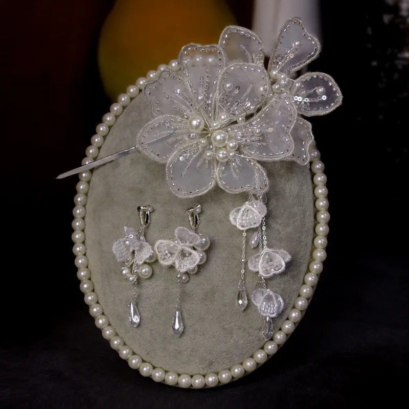 

Новинка корейский стиль белый кружевной блестящий цветок фотосерьги набор головной убор Свадебные аксессуары