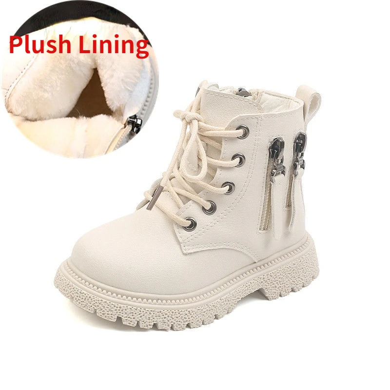 

Kids Modern Boots Winter Girl Sneakers PU Leather Booties Soft Fashion Ankle Boot England Style Children Casual Shoes Double Zip