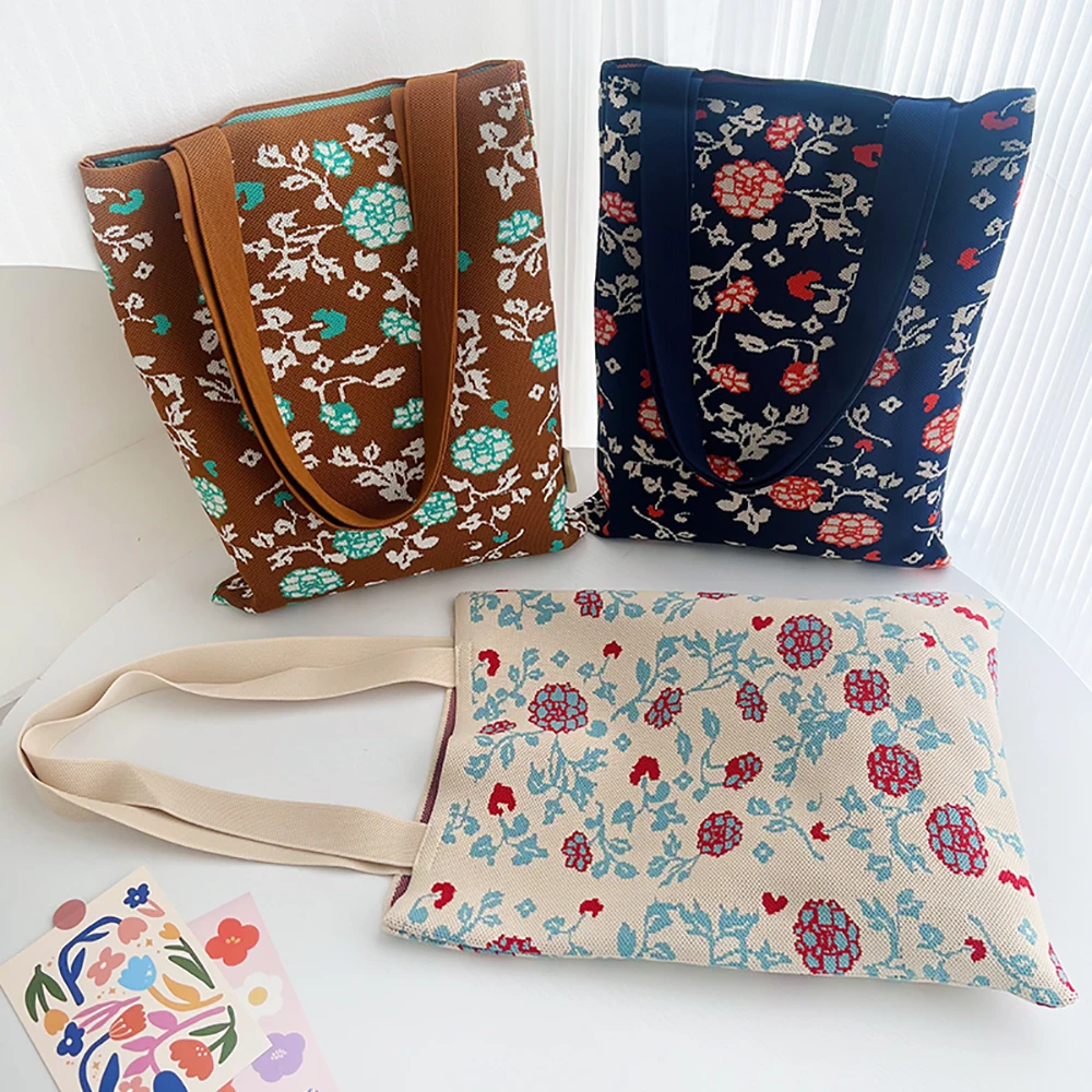 

Handmade Knit Handbag Women High Capacity Shoulder Bag Korea New Casual Wide Stripe Plaid Tote Bag Student Reusable Shopping-bag