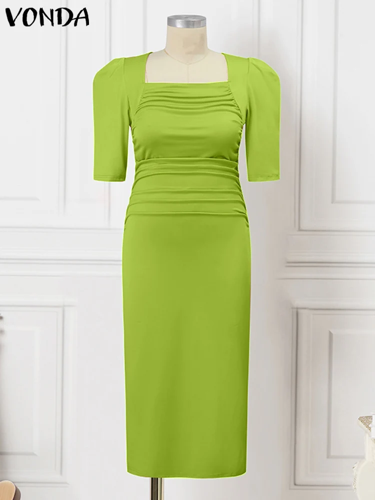 

Elegant Sundress VONDA 2023 Fashion Satin Midi Dress Women Summer Casual Solid Sexy Square Sleeve Pleated Half Sleeve Party Robe